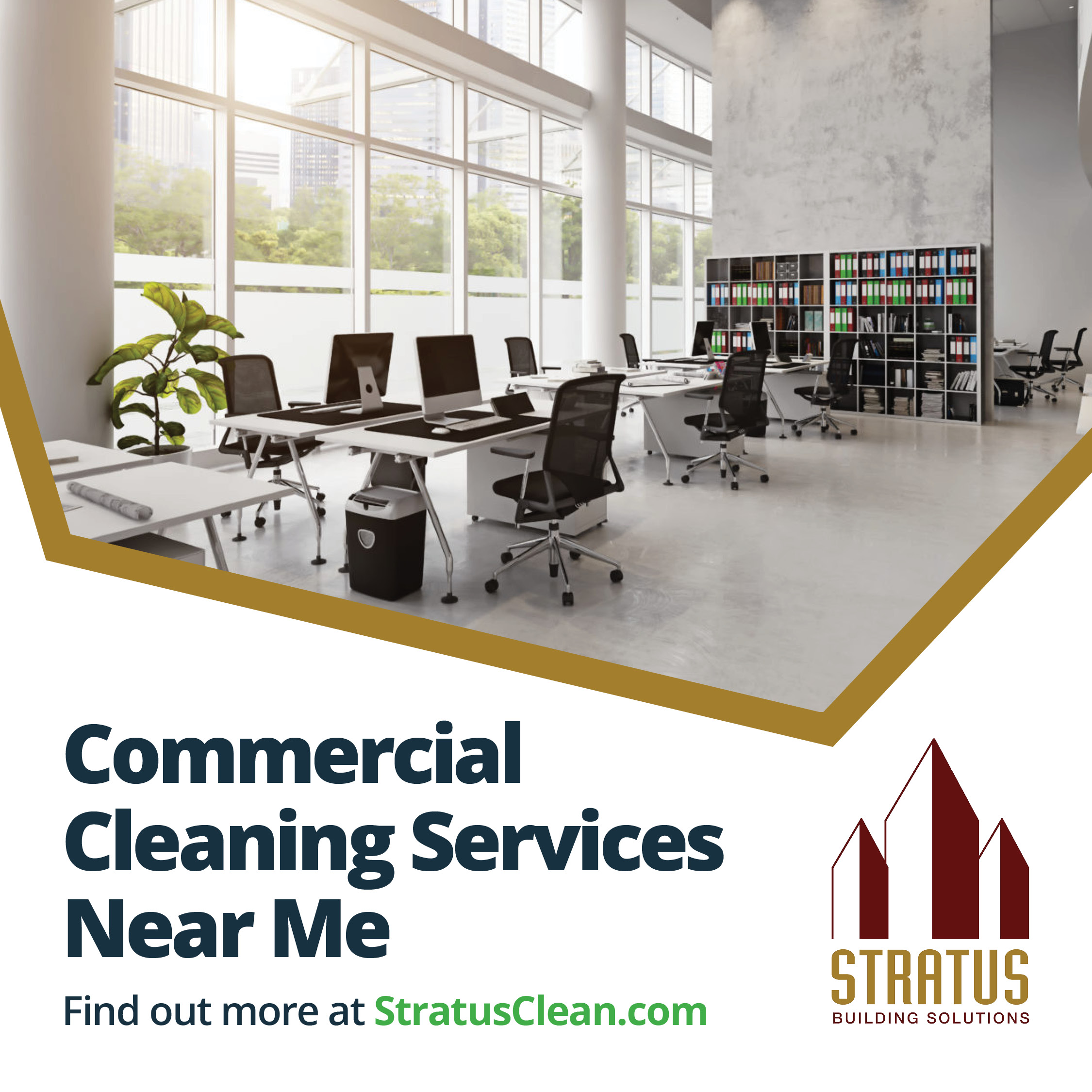 Large Office with Tall Ceilings and Large Windows and Text that Says "Commercial Cleaning Services Near Me"