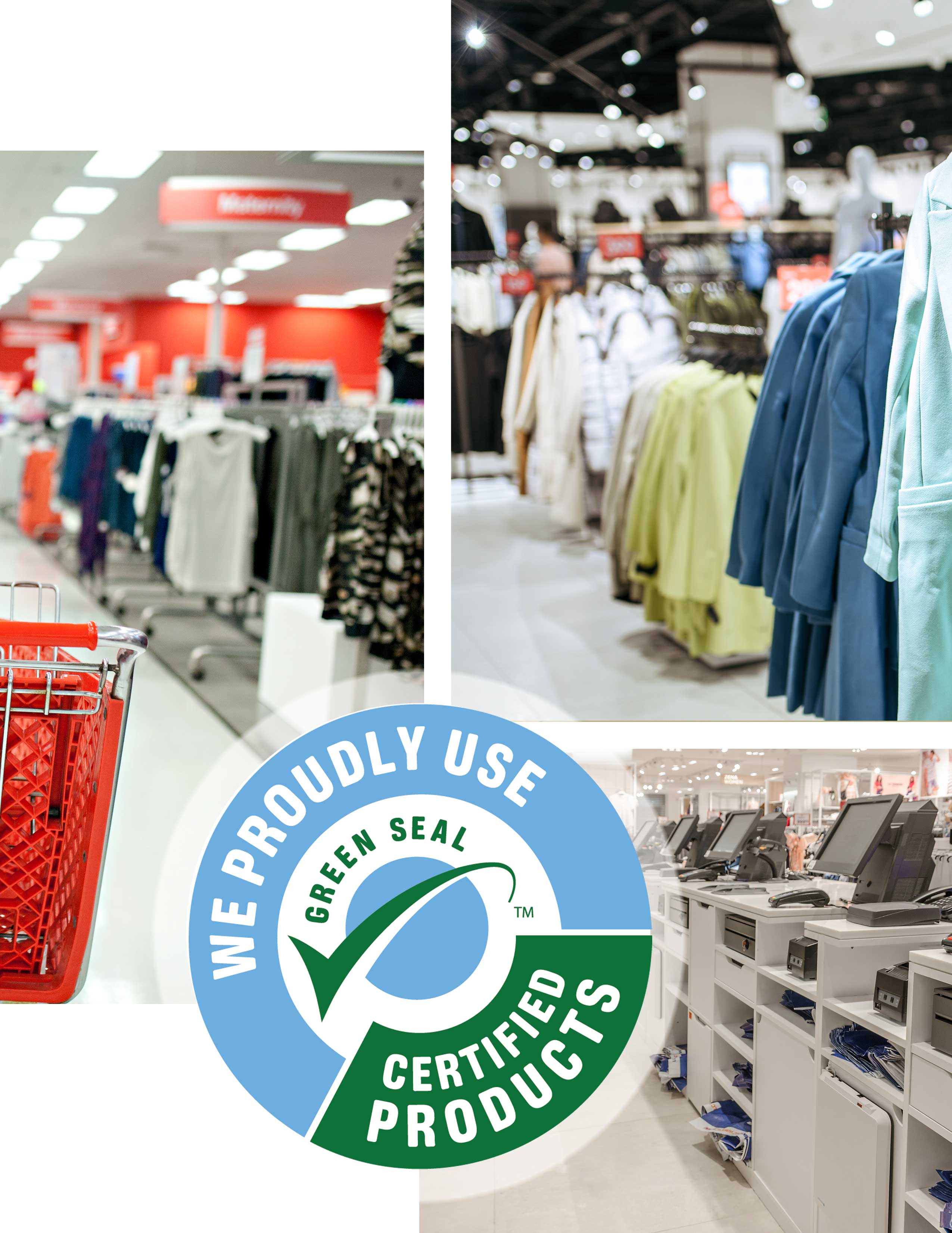 A collage of three images that showcase a retail environment including clothing and cash registers.