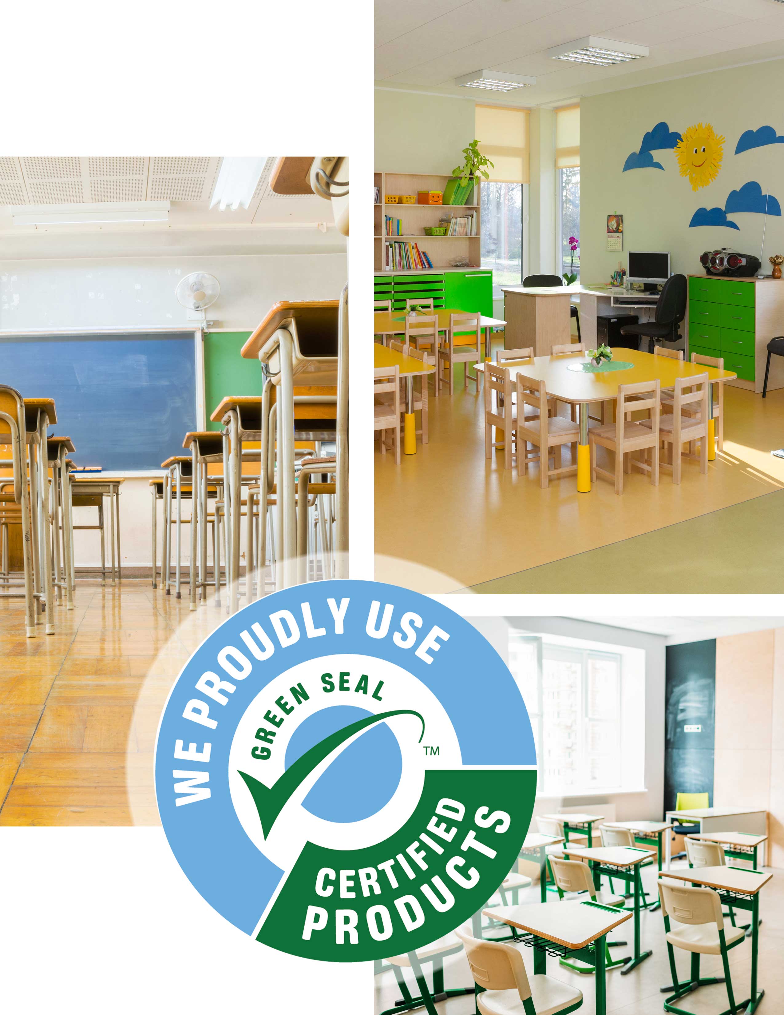 Collage of three images showing desks in different classrooms.